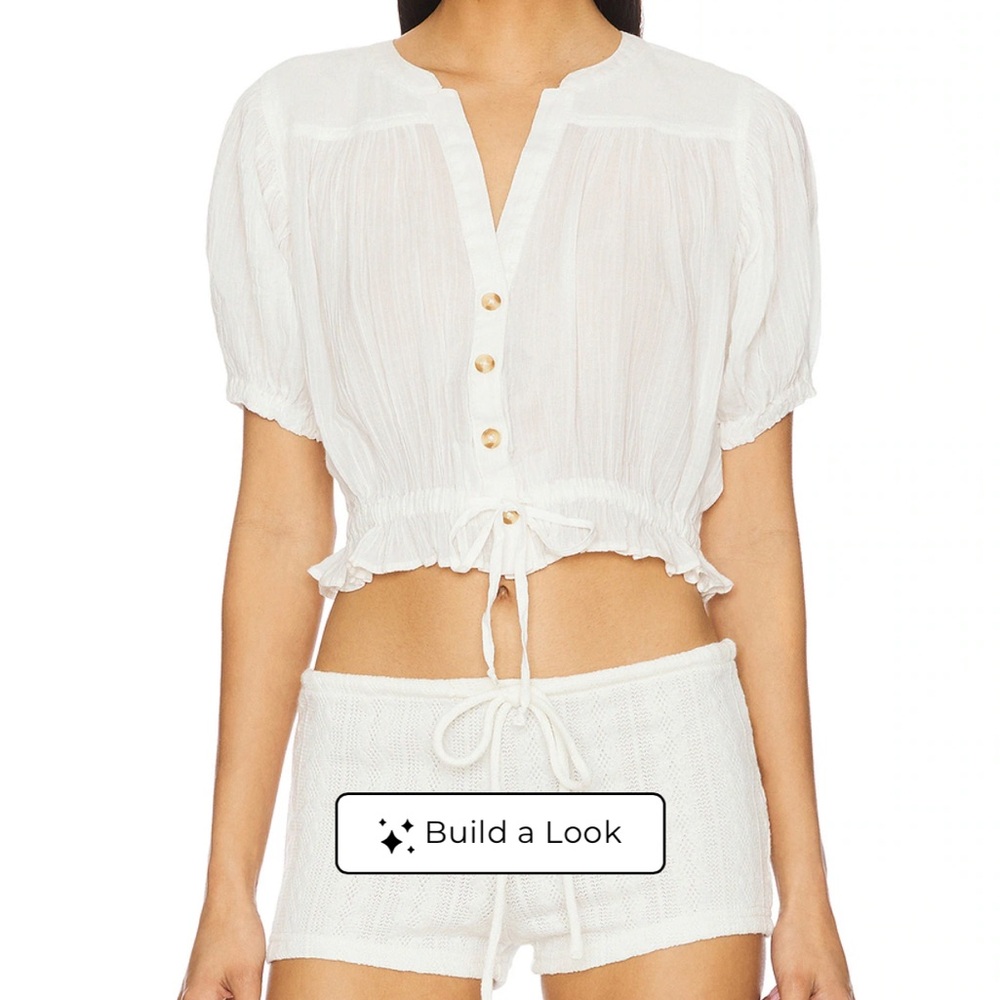 Free People White Cropped Drawstring Button Front Top